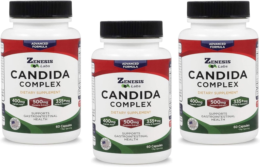 Zenesis Labs Candida Kompleks Cleanse Detox Caprylic Acid Supplement, Oregano Extract, Probiyotiks, Enzymes - Bulk 180 Capsules, 90 Day Supply (60 Capsules/Bottle)