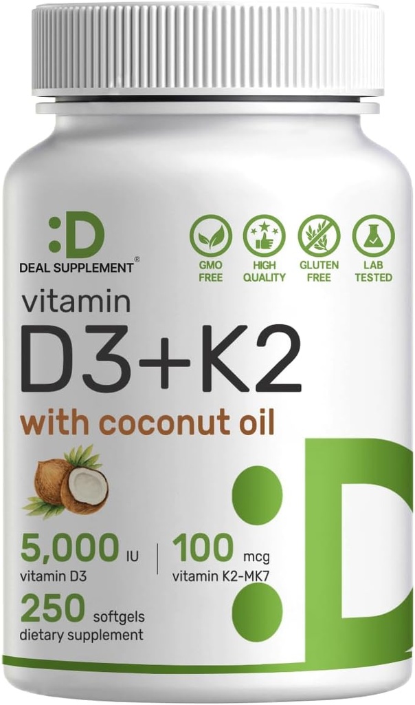 DEAL SUPPLEMENT Vitamin D3 5.000 IU + K2 MK7 100mcg Softgels | 2in-1 Kompleksi ile Virgin Coconut Oil | Supports Heart, Bone, Teeth & Immune Health | Easy to Swallow