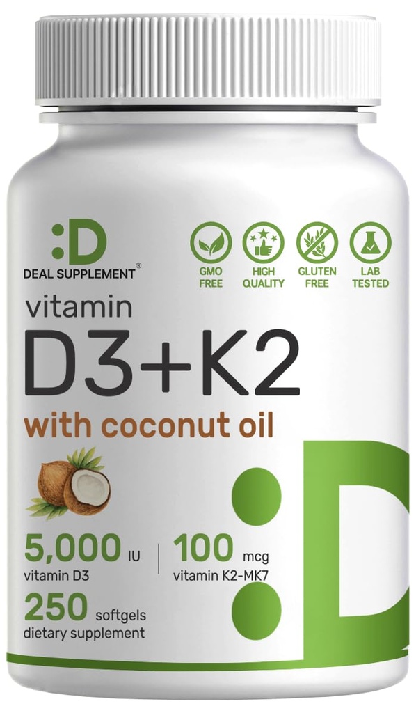 DEAL SUPPLEMENT Vitamin D3 5.000 IU + K2 MK7 100mcg Softgels | 2in-1 Kompleksi ile Virgin Coconut Oil | Supports Heart, Bone, Teeth & Immune Health | Easy to Swallow