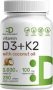 DEAL SUPPLEMENT Vitamin D3 5.000 IU + K2 MK7 100mcg Softgels | 2in-1 Kompleksi ile Virgin Coconut Oil | Supports Heart, Bone, Teeth & Immune Health | Easy to Swallow