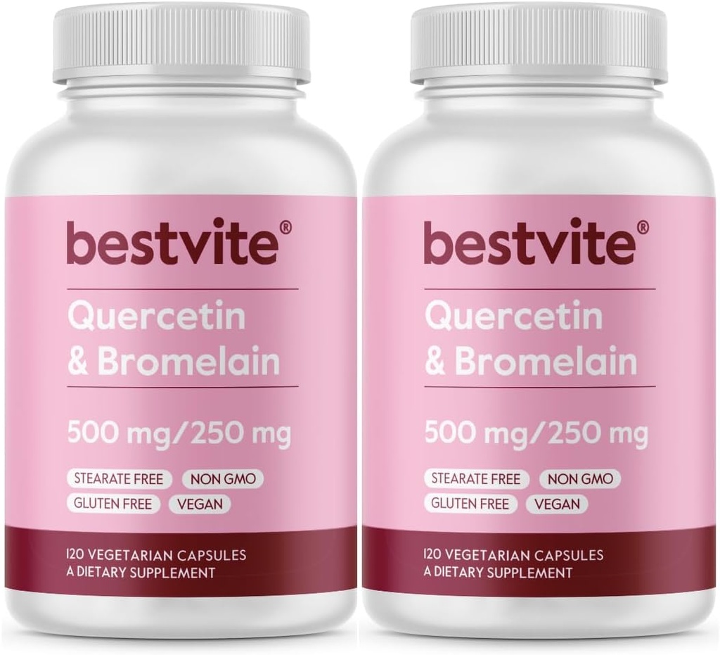 BESTVITE Quercetin με Bromelain 500mg/250mg (240 κάψουλες χορτοφάγων) (120 x 2) - Χωρίς στεατικά - Όχι Dioxide σιλικόνης - Vegan - Μη ΓΤΟ - Χωρίς γλουτένη