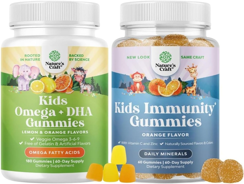 Çocuklar için Omega DHA Gummies - Fatty Acids Omega 3 6 9, Beyin Için C vitamini ile C vitamini, Immunity & Vision ve Kids Immunity Support Gummies - Delicious C with çinko & Echinacea Immune Branson