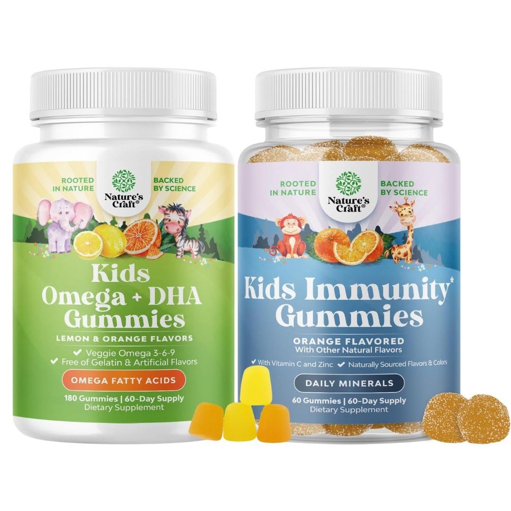 Çocuklar için Omega DHA Gummies - Fatty Acids Omega 3 6 9, Beyin Için C vitamini ile C vitamini, Immunity & Vision ve Kids Immunity Support Gummies - Delicious C with çinko & Echinacea Immune Branson