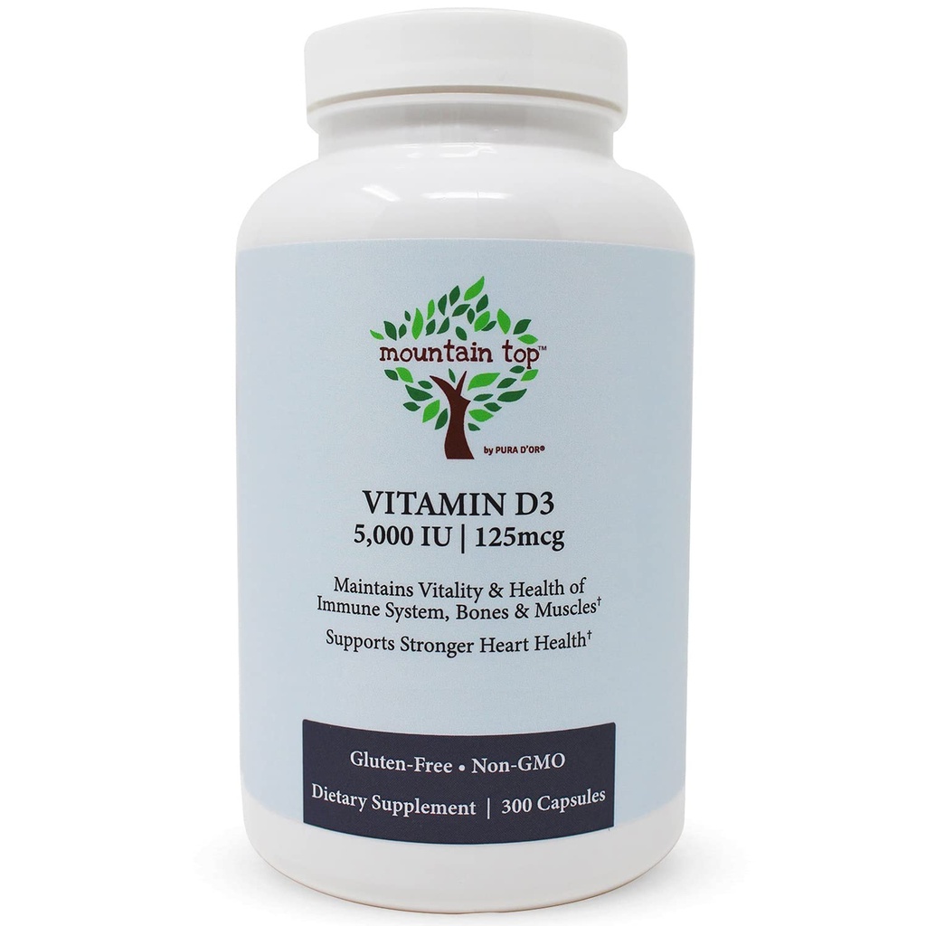 MOUNTAIN TOP Vitamin D3 5000 IU 12506 Capsules (300 Kont) Immune Health, Güçlü Bones ve Dişler ve Kas Fonksiyonlar - Gluten-Free-GMO, Gluten-Free-GMO, Gluten-Free Capsules