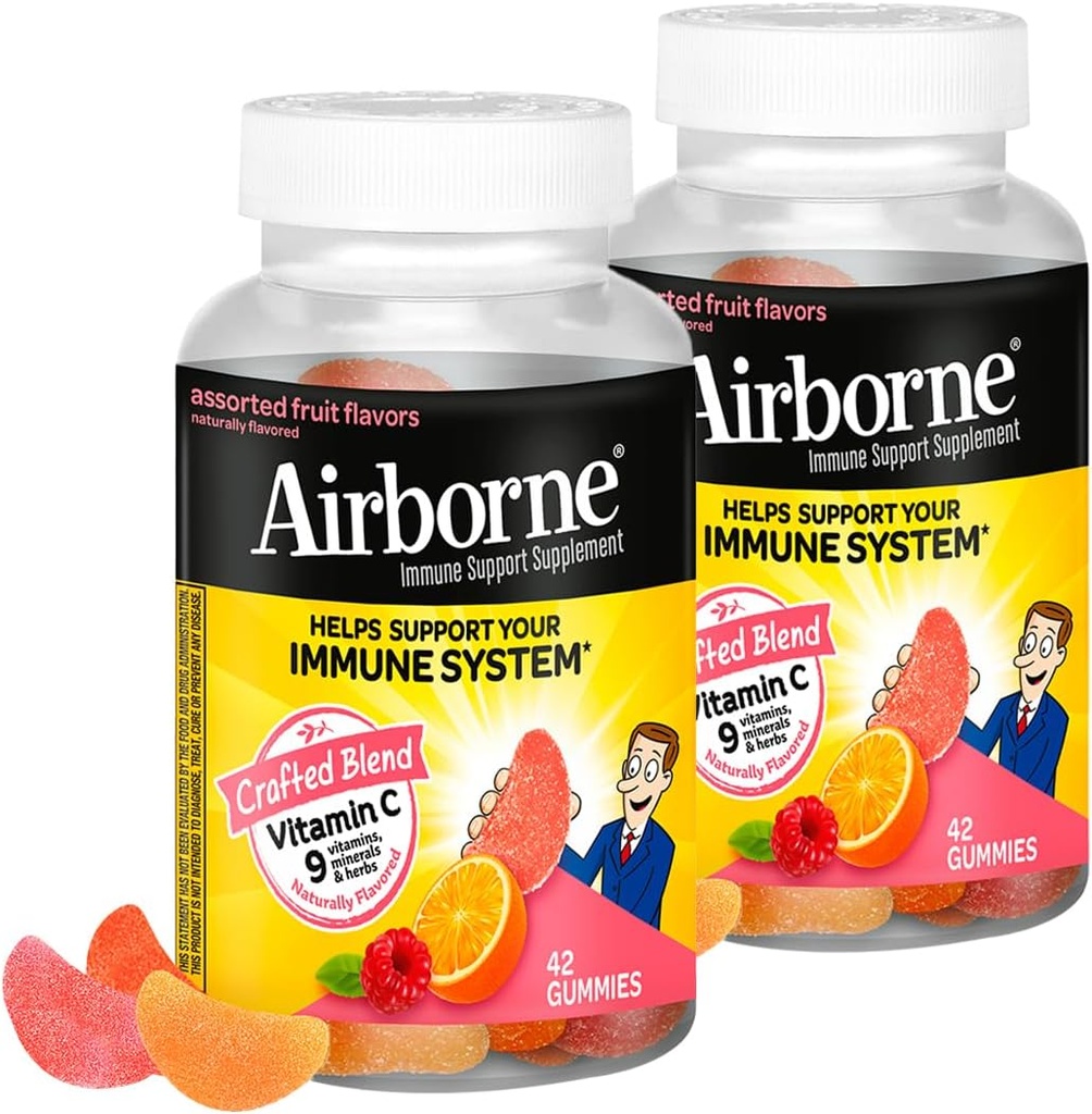 Airborne 750 mg Vitamin C Immune Support Supplement Gummies for Yetişkinler, Assorted Fruit Flavor, Gluten Free Crafted Mix with Powerful Antioksis A C & E, 42 Gummies (2 Pack)