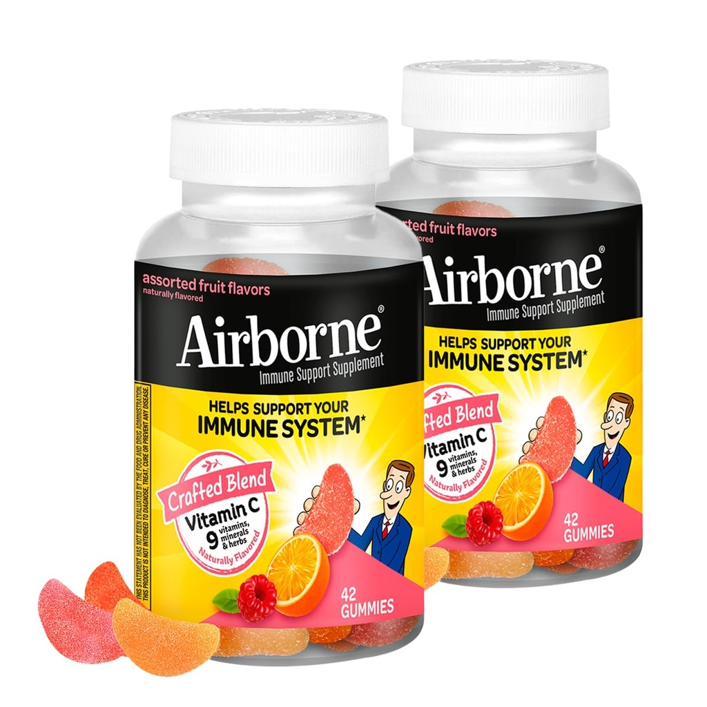 Airborne 750mg Βιταμίνη C Ανοσοποιητικό συμπλήρωμα στήριξης Gummies για ενήλικες, Ποικιλία Fruit Flavor, Gluten Free Crafted Blend με Ισχυρές Αντιοξειδωτικές Βιταμίνες A C & E, 42 Gummies (2 Pack)