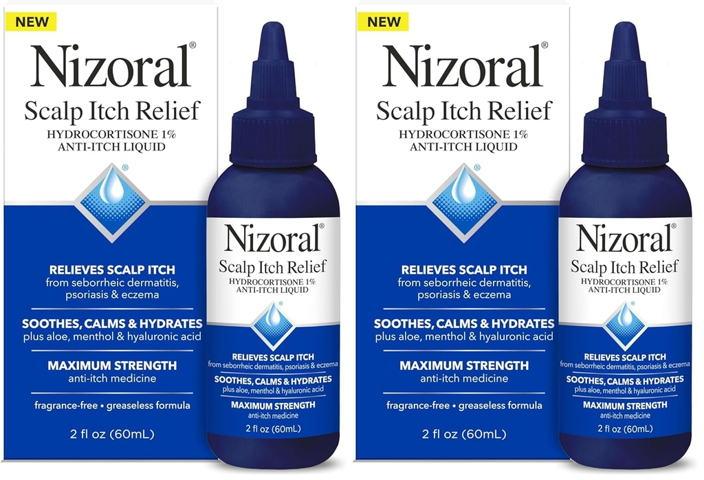 Nizoral Scalp Itch Relief Liquid— Relieves Scalp Itch and Soothes, Calms and Hydrates with Maximum Strength Anti-Itch Medicine (Υδροκορτιζόνη 1%), 2 Fl Oz (Pack of 2)
