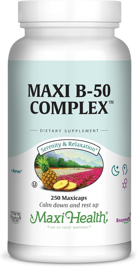 Maxi Health Stress Relief Vitamin B Complex for Women and Men, Vitamin B6, B12, Biotin, Inositol, Folate, Vegan, Gluten & Soy & Milk Free, Kosher, Unflavored, 100 Count