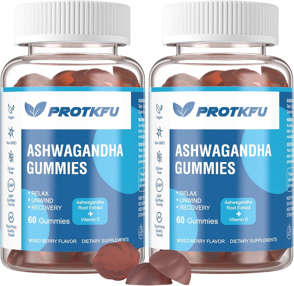 2 Pack Ashwagandha Gummies & Vitamin D3 Gummies Organik Aswangdha Supplement for improve Sleep, Stress Relief & Mood Calm (Non-GMO, Gluten-Free & Sugar Free)