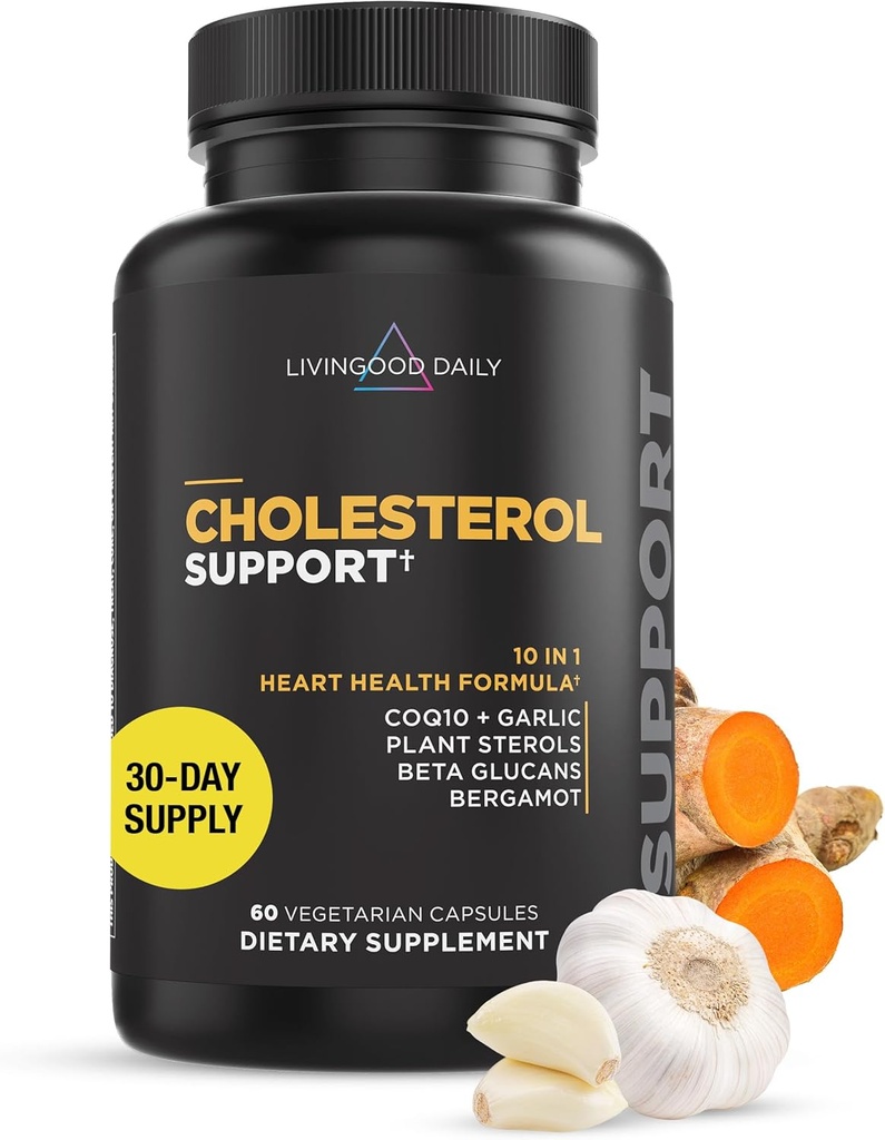 Livingood Daily Cholesterol Support συμπλήρωμα με σκόρδο, CoQ10, βιταμίνη Ε, Bergamot, φυτικές στερόλες για την υποστήριξη του σώματος και της καρδιάς υγεία, υποστηρίζει LDL και τριγλυκερίδια, χωρίς γλουτένη, Vegan, 60 κάψουλες
