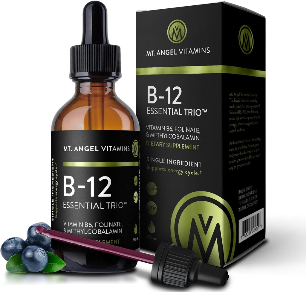 Mt. Angel Vitamins - B12 Essential Trio - Vegan Υπογλώσσιες σταγόνες με Μέθυλο B12 υψηλής ισχύος, B6 & Folate - Easy Abvorvation Liquid - Μη ΓΤΟ, Κατασκευασμένο στις ΗΠΑ