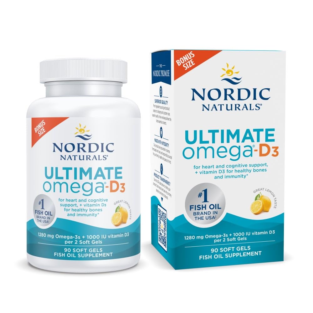 İskandinav Naturals Ultimate Omega-D3, Limon Flavor - 90 Soft Gels - 1280 mg Omega-3 + 1000 IU Vitamin D3 - EPA & DHA - Beyin, Kalp ve Immune Health - 45 Hizmetler
