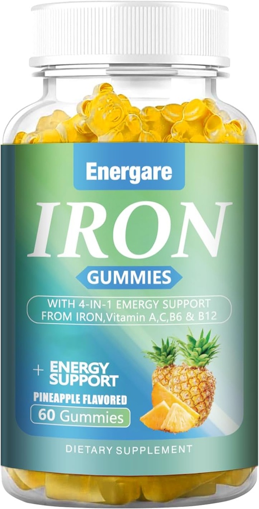 1 Pack 100Mg Iron Supplement Gummies for Women & Men - Vitamin A, C, B - Demir Eksikliği için Enerji Desteği, Anemi, Yetişkinler ve Çocuklar, Pineapple Flavor Gummy, 60 Counts
