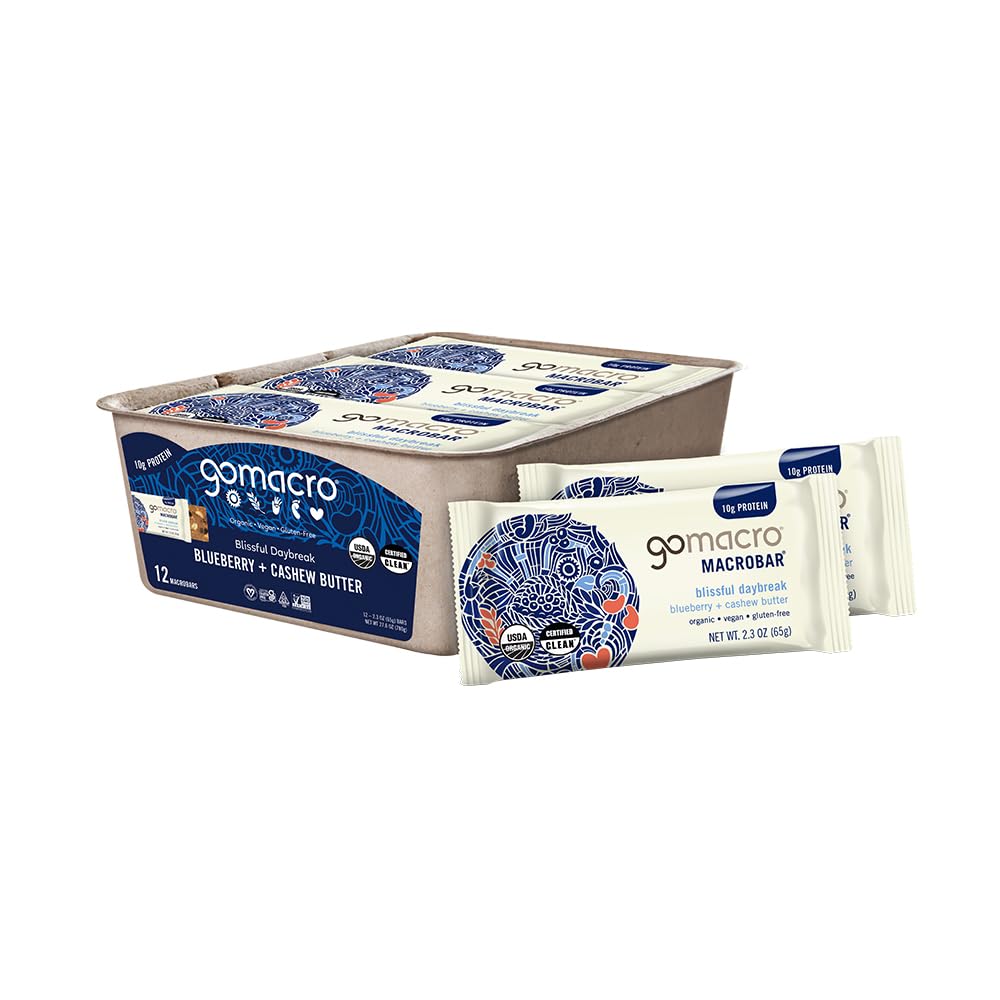 GoMacro Macrobar Organik Vegan Protein Barlar - Blueberry + Cashew Butter (2.3 Ounce Bars (Brook of 12)