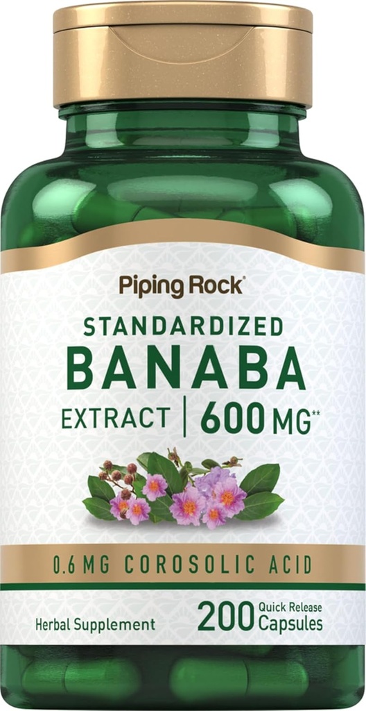 Piping Rock Banaba Leaf Extract Capsules | 600 mg | 200 Pills | Standardized Herbal Supplement | Corosolic Acid | Non-GMO, Gluten Free