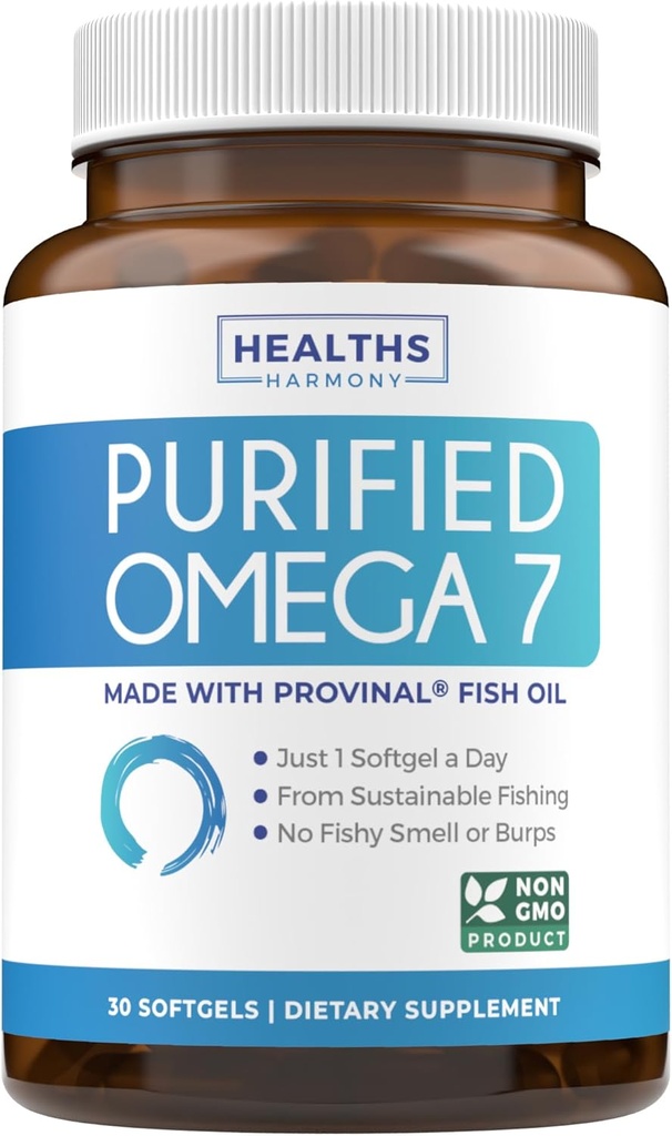 Omega 7 Supplement for Women and Men - High Potency & Flame Palmitoleic Acid Fatty Acid Fish Oil Supplement from Patented Provinal with Lowest Palmitic Acid - Sustainable Sourced (1 Ay Supply)