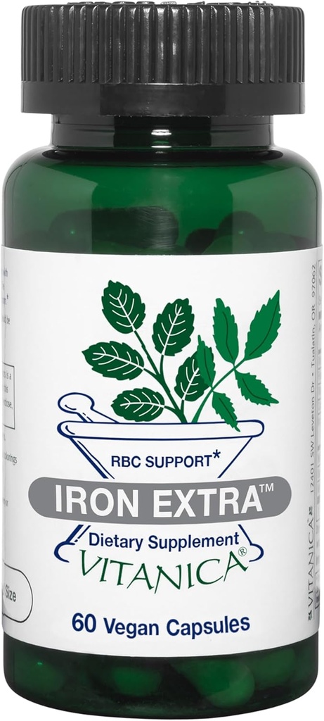 Vitanica Iron Ekstra, Iron Supplement Vitamin C 500 mg, Metilfolate 400 Telefon, B12 Vitamin 500, Kalsiyum, Sarı Dock, Dandelion Root & Nettle Leaf, Vegan, 60 Capsules