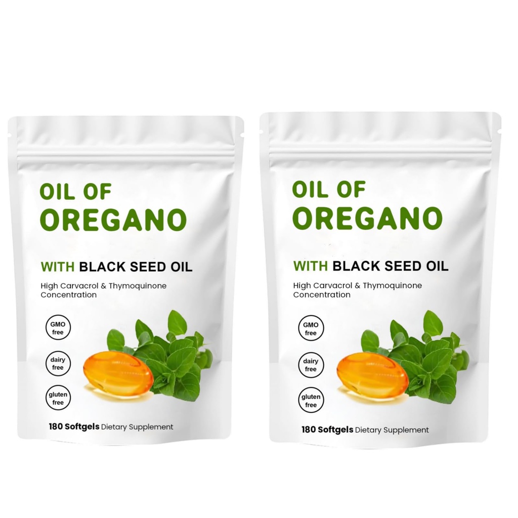 2 Pack Oil of Oregano Softgels, 2 in 1 Oil of Oregano with Black Seed Oil 200 mg, Gluten Free