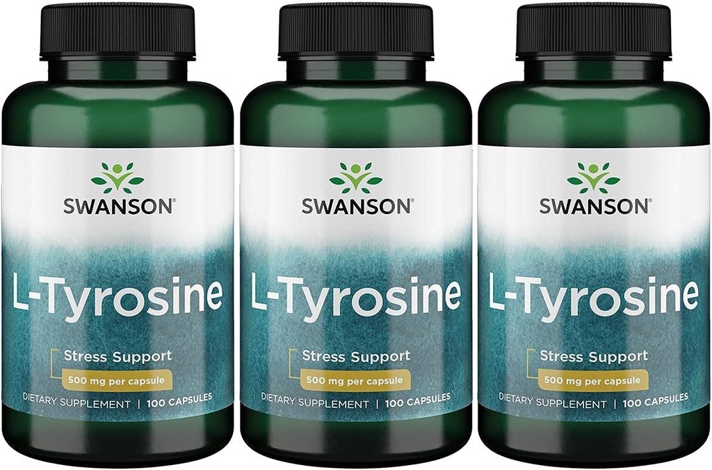 Swanson L-Tyrosine - Amino Asit Stres Desteği, Bilişsel Fonksiyonlar - Genel Beyin Sağlığı - (100 Capsules, 500 mg Her) 3 Pack