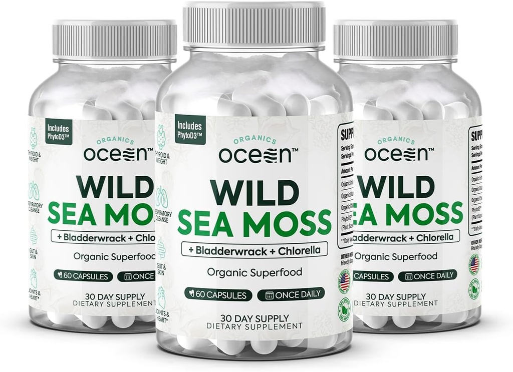 Organics Ocean Wild Sea Moss Κάψουλες - 100% Βιολογικό Ιρλανδικό Μος με Βιολογικό Χλωρέλλα, Bladderwrack και Βιταμίνη D για την ενέργεια, την υγεία του πνεύμονα και Thyroid Υποστήριξη για τις γυναίκες και τους άνδρες - 3 μπουκάλια