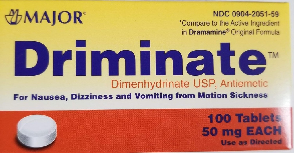 Binbaşı Drminate® Dimenhydrinate 50 mg 100 Ct for Nausea, Dizziness and Vomiting From Motion Hastaness