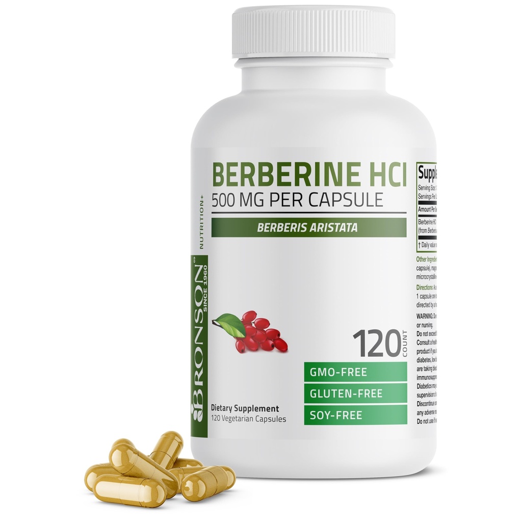 Bronson Βερβερίνη Ως Berberine HCI Berberis Aristata 500mg Ανά κάψουλα χορτοφάγων Μη-ΓΤΟ, 120 κάψουλες χορτοφάγων