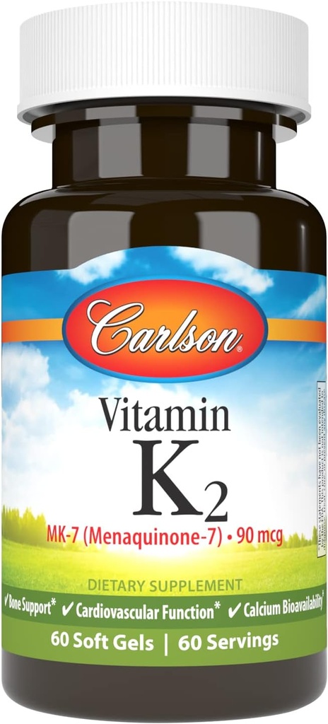Carlson - Vitamin K2 MK-7 (Menaquinone), 90 mcg, Bone Support,dis Bioavailability, K2 Vitamin, K-2, 60 Softgels