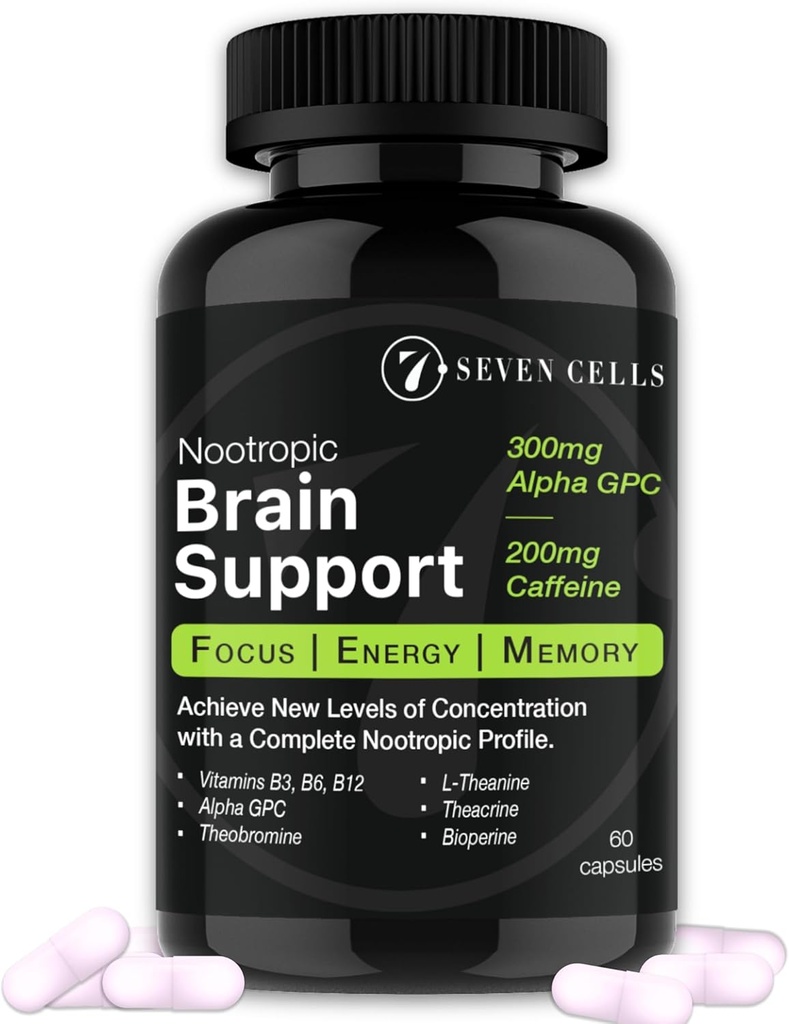Συμπλήρωμα υποστήριξης εγκεφάλου με 300mg Alpha GPC & 200mg Φυσική καφεΐνη & Βιταμίνες για Γνωστική Υγεία, Ενέργεια, Μνήμη και Εστίαση - Εγκέφαλος Booster (60 κάψουλες, 1-Month Supply)