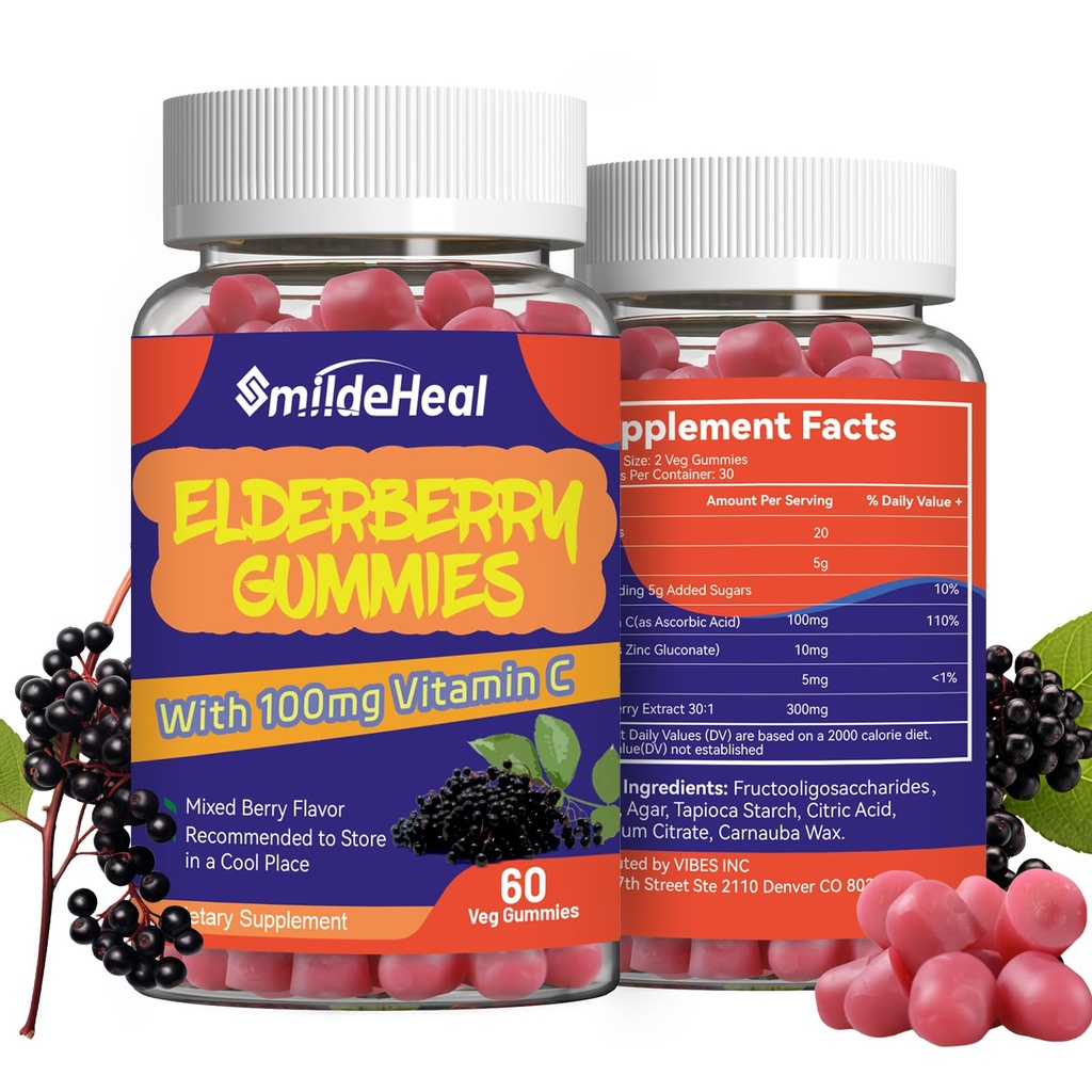 Elderberry Gummies, Elderberry Extract 300mg, with Vitamin C and Zinc, Strawberry Flavor Gummies, Non-GMOs, Gluten Free, Vegan-Friendly, Immune Support, 60 Count (Pack of 2)