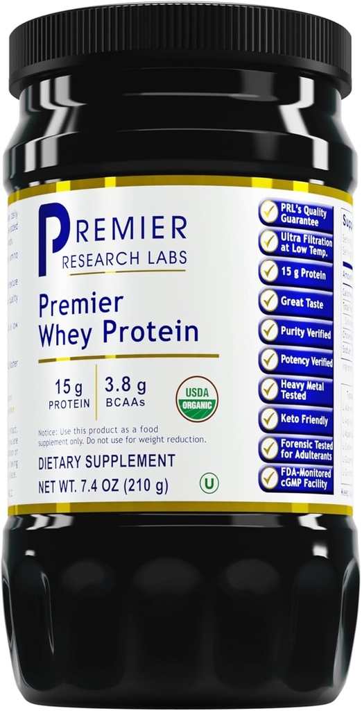 Premier Research Labs Πρωτεΐνη ορού γάλακτος - Unflavred Premier Whey Protein Powder, Organic Whey Protein Concent, Keto Friendly, Readly Mixes with Drinks, Low Heat Filtered - 7,4 Oz