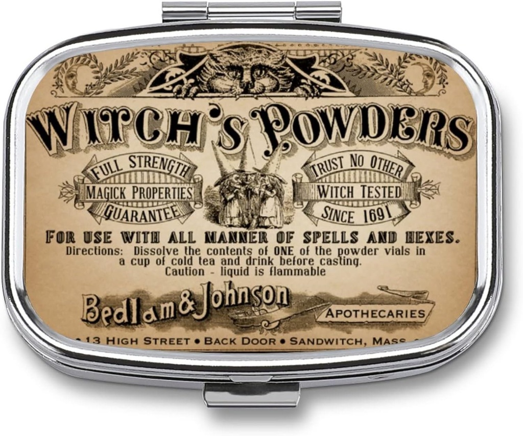 Metal 2tment Pill Organizer Travel Friendly Portable Compact Box to Hold Vitamins/Tylenol/Fish Oil/Supplements/Tablet (Vintage Witch's Tozs), 1.97 x 0.79 x 09 inç