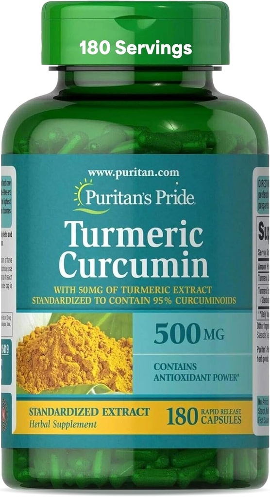 Puritan's Pride Turmeric Curcumin 500 mg, 95 Cucuminoids'e ayak uydurulmuş, Antioksi Health için Herbal Diyetsel Supplement, 180 Radpid Release Capsules