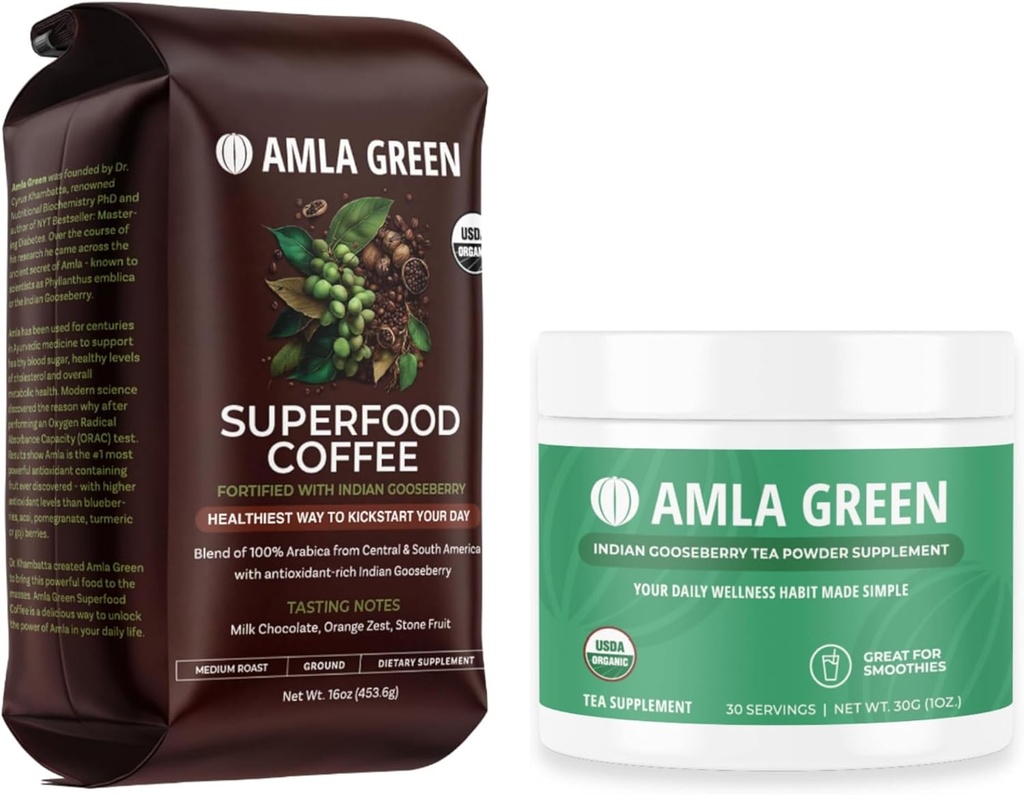 Amla Green Organic Ground Superfood Coffee, Medium Roast Gourmet Kahve ve 20X Yoğun Orijinal Amla Power 30 Hizmet