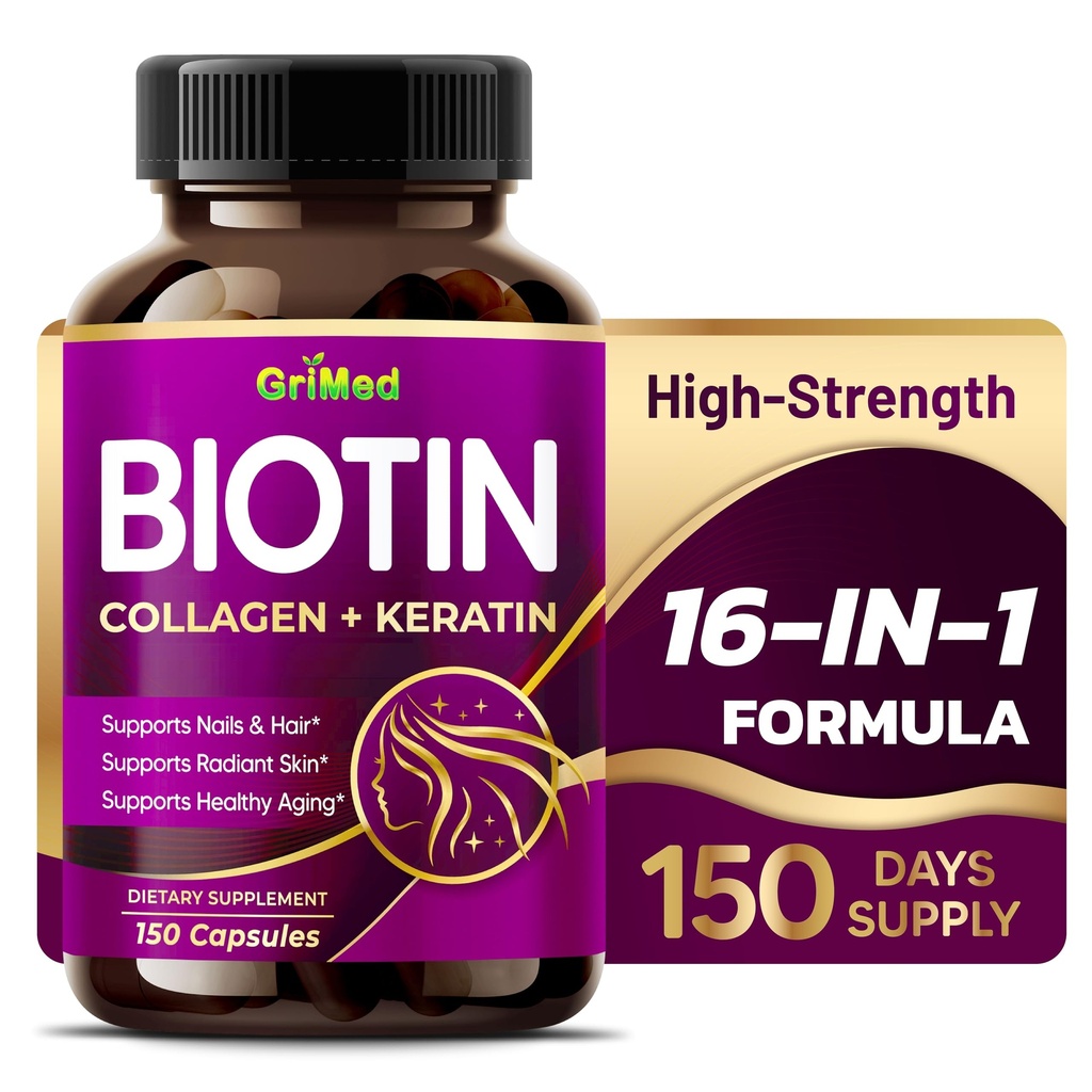 GriMed BIOTIN, Collagen + Keratin 7,275 mg Güçlü Nails & Saç, Part Skin, Sağlıklı Aging- USA Made & Tested (150 $ 1))