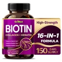 GriMed BIOTIN, Collagen + Keratin 7,275 mg Güçlü Nails & Saç, Part Skin, Sağlıklı Aging- USA Made & Tested (150 $ 1))