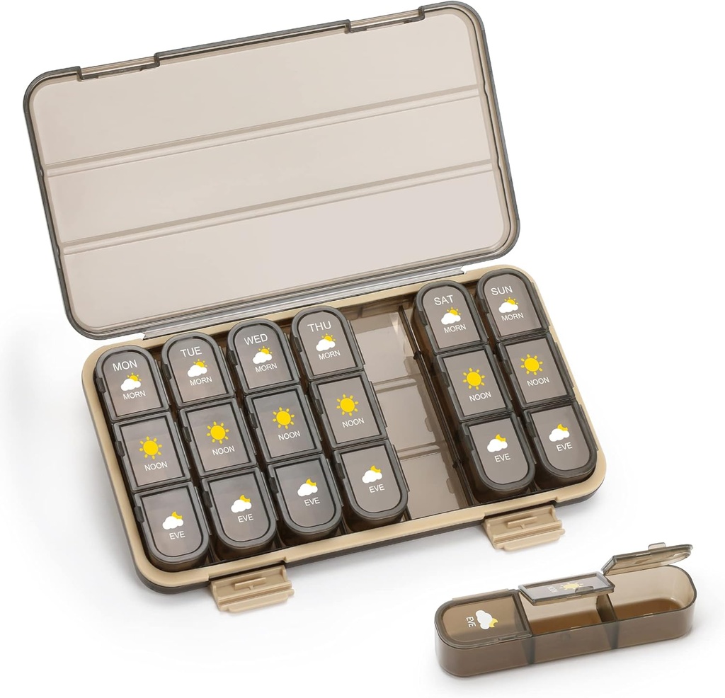 Pill Organizer 3 Times A Day, Pill Box 7 Day - Acedada Weekly Travel Medicine Organizer Box, Büyük Pill konteyner Vitaminleri Vaka Pill Membran, Brown