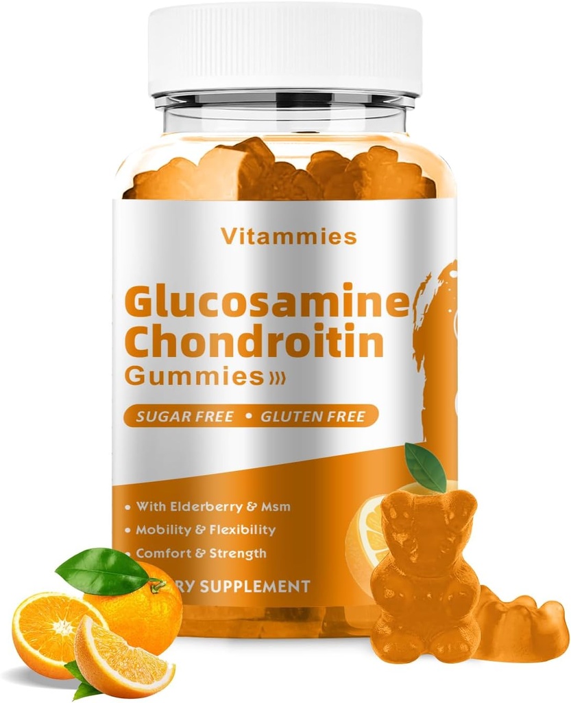Glucosamine Chondroitin Gummies with MSM & Elderberry Extra Strength - Κοινή Υποστήριξη, Αντιοξειδωτικό Ανοσοποιητικό Συμπλήρωμα Υποστήριξης για Ενήλικες, Άνδρες & Γυναίκες Ορυκτά, Συνένζυμο Q10, DHA - 60 Πορτοκαλί Gummies