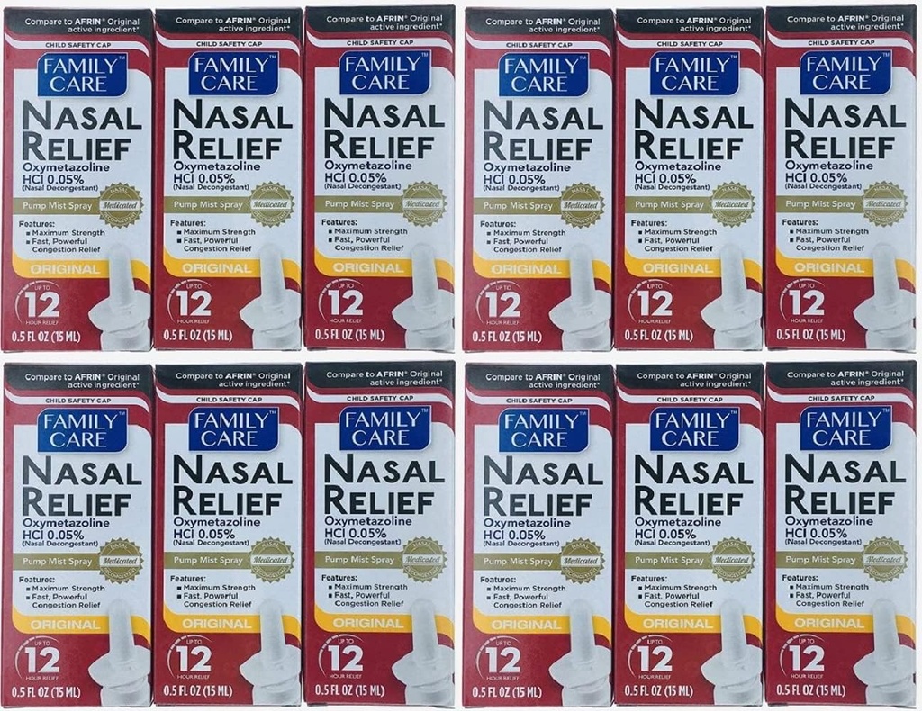 (12 paket) Nasal Relief Spray, 12 saat Pump Mist (Oxymetazoline HCL) 0,5 fl ozz