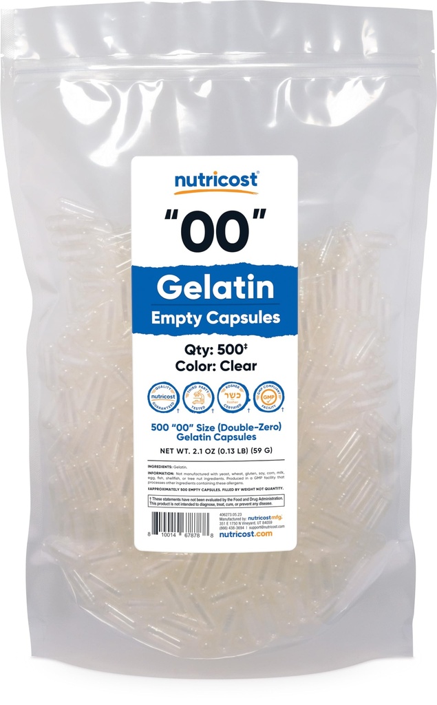 Nutricost Κενές κάψουλες Μέγεθος 00-500 Καθαρισμός Κενές κάψουλες Ζελατίνης - Kosher Πιστοποιημένο, Μη ΓΤΟ, Χωρίς σόγια, Χωρίς γλουτένη