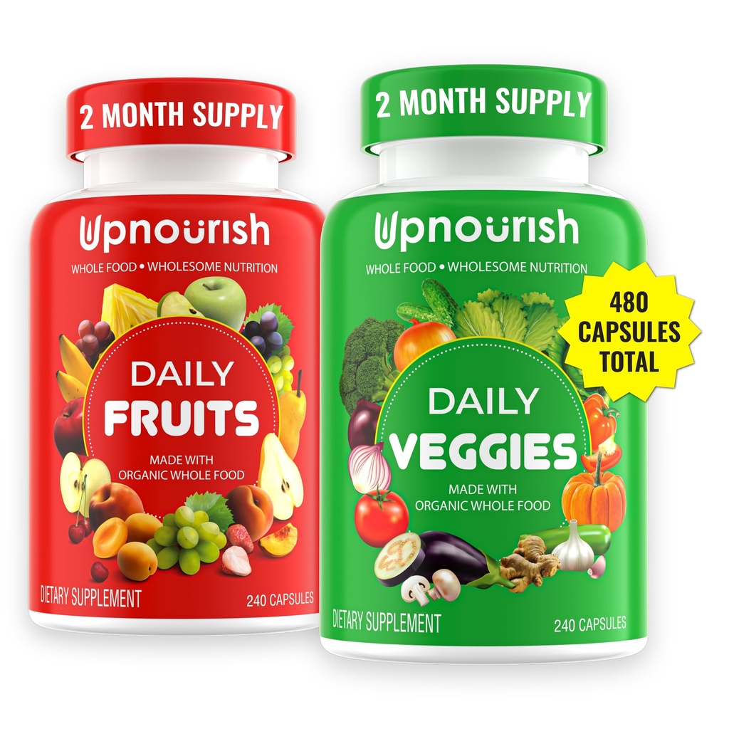 UpNourish Organik Meyveler ve Veggies Supplement - Destek Diyet Dengesi, Vücut Temiz ve Enerji - Doğadan 480 Meyve ve Super Yeşiller Capsules - Meyve ve Sebze Tazeleri Yetişkinler & Çocuklar Için Yazıyor