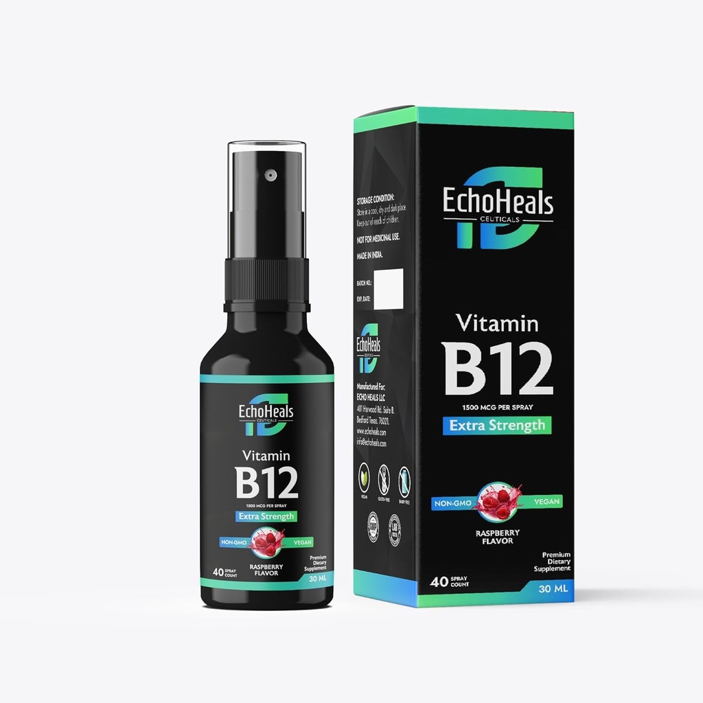 B12 Vitamin Cihazı | Enerji Desteği için B12 | Vegan | Non-GMO | Gluten Free | 40 Spreys | 1500 mcg per Spray | Raspberry Flavor | 1 fl Oz Oz Oz