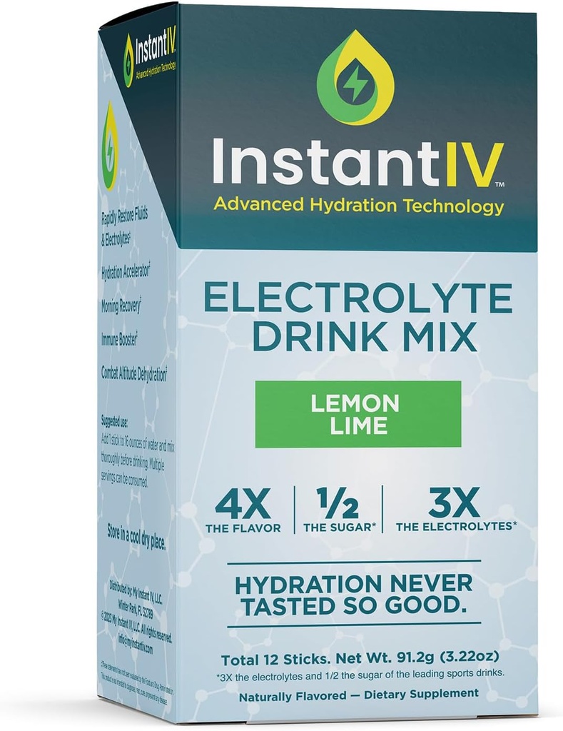 Electrolytes Powder - 3X Electrolytes,1/2 Sugar with Vitamin C, B3, B6, Electrolytes Powder Packets for Hydration, Recovery & Immunity, Vegan & Gluten Free | Lemon Lime - 12 Packets