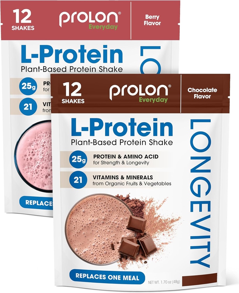 Prolon Longevity Plant Based Protein Toz | Kas Synthesis & Tamir, Sağlıklı Ağlama, Boost Performans | Vitaminler, Gluten Free, Amino Asits | Protein | Chocolate ve Berry, 24 Packets