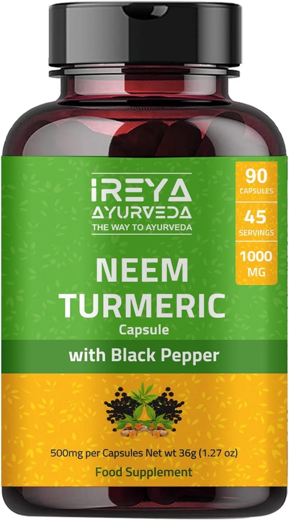 Neem & Turmeric Capsules | 90 Capsules Black Pepper, Neem, Turmeric Capsules
