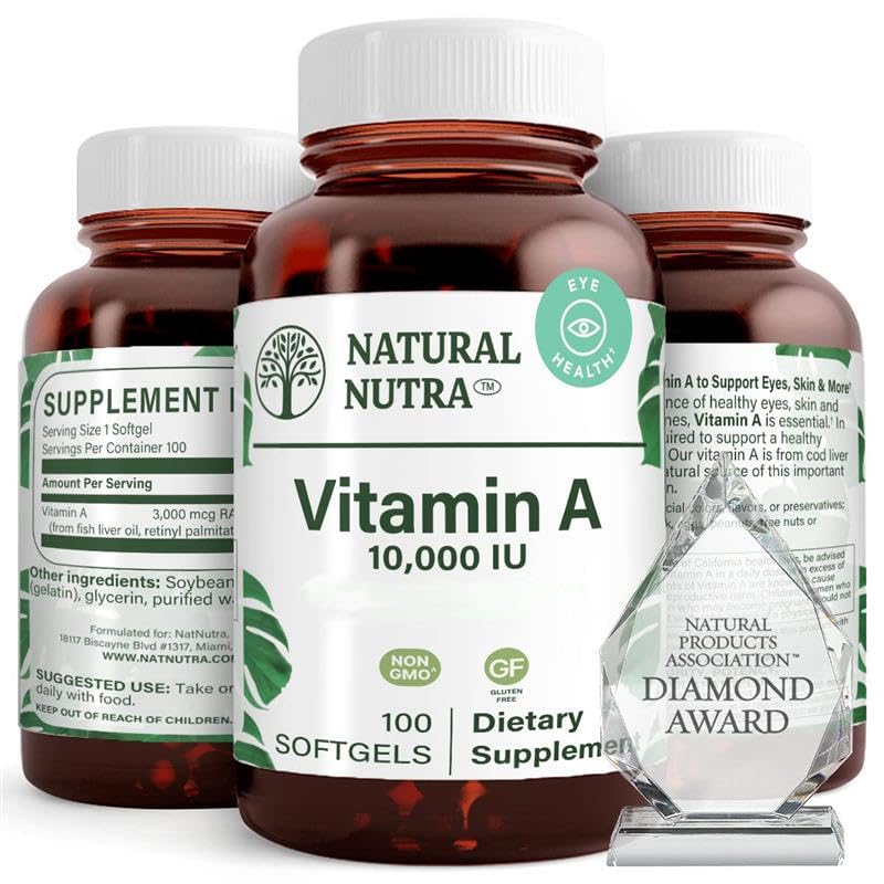 Natural Nutra Vitamin A 10,000 IU Softgels – High Potency Eye and Skin Vitamins – Gluten-Free - Supplement for Sight & Skin Health – Fish Liver Oil for Men and Women, Gluten Free 250 Softgels (2 Pack)