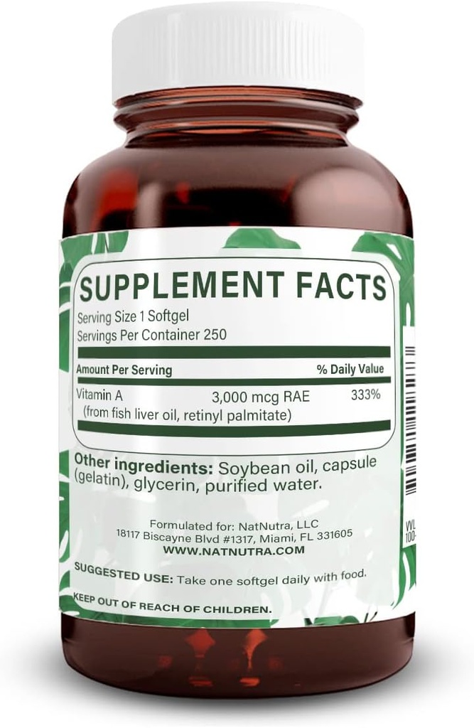 Natural Nutra Vitamin A 10. 000 IU Softgels – Υψηλής ισχύος Βιταμίνες ματιών και δέρματος – Χωρίς γλουτένη - Συμπλήρωμα για την Ορατότητα & την Υγεία του Δέρματος – Λάδι ήπατος ψαριών για άνδρες και γυναίκες, Χωρίς γλουτένη 250 Softgels (2 Pack)