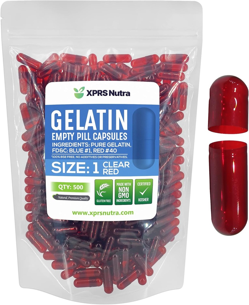 XPRS Nutra Boyutu 1 Boş Capsules - 500 Kont Colored Boş Gelatin Capsules - Pill DIY Supplement Capsule - Do-It- Yourself Supplements (Clear Red)