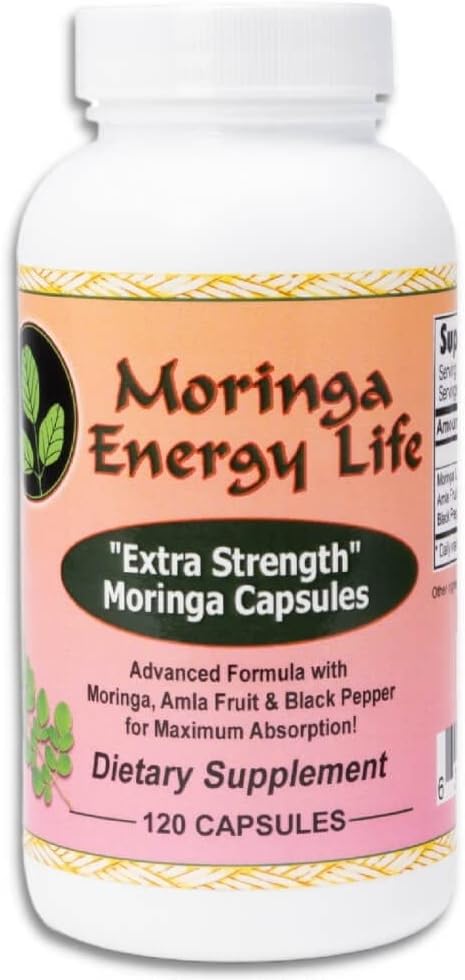 Moringa Energy Life Moringa Extra Strength Capsules 120, Moringa Oleifera Leaf, Amla Fruit, Black Pepper. Gluten-Free, Non-GMO, Vegan Supplement Supplement
