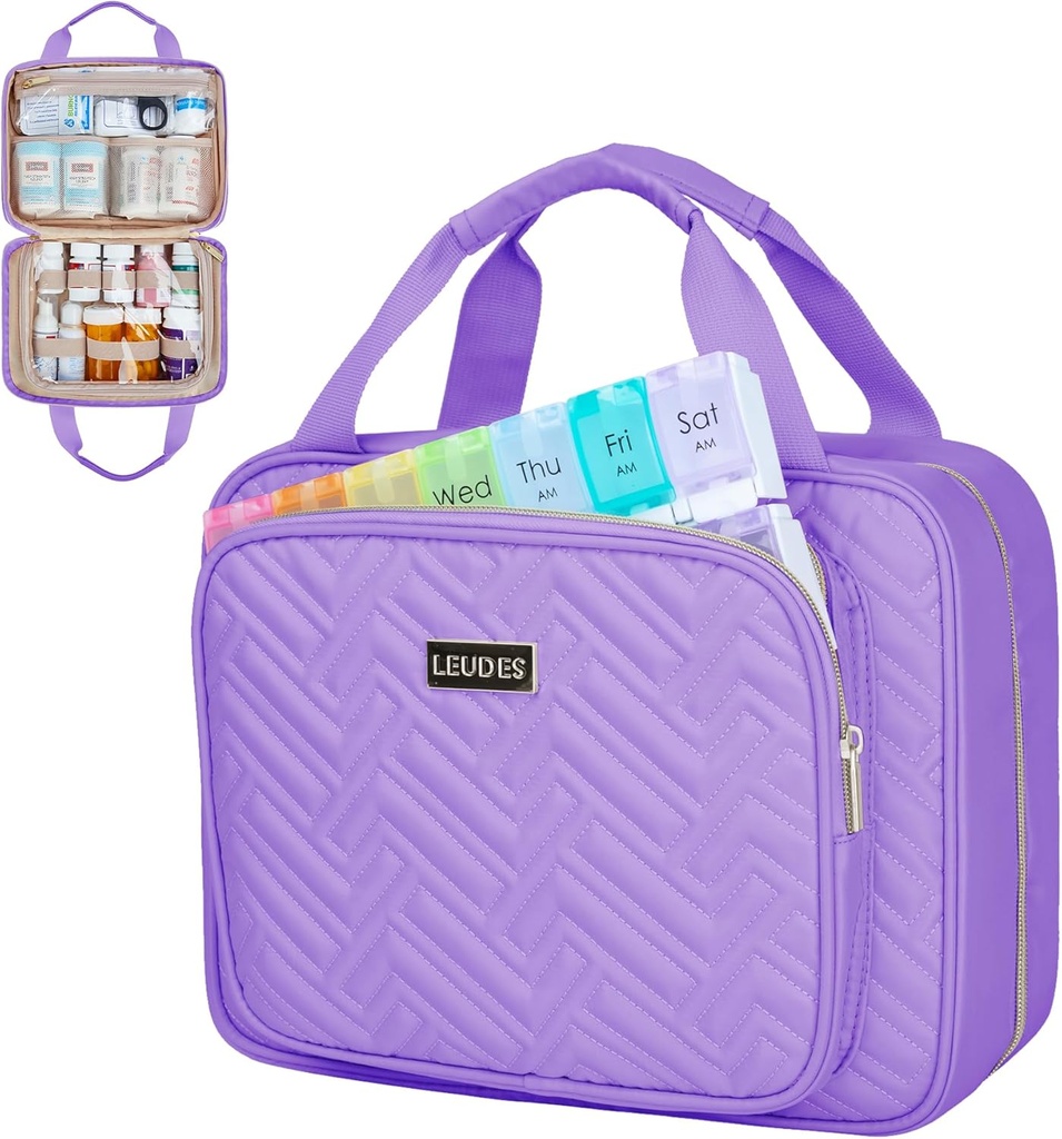 Leudes Travel Pill Şişe Organizer,Medicine Organizer ve Storage,Home Drug Bag, Cases,Carrier for Pills,Vitamin,Fish Oil,Supplements for Women and Men (Medium, Mor)