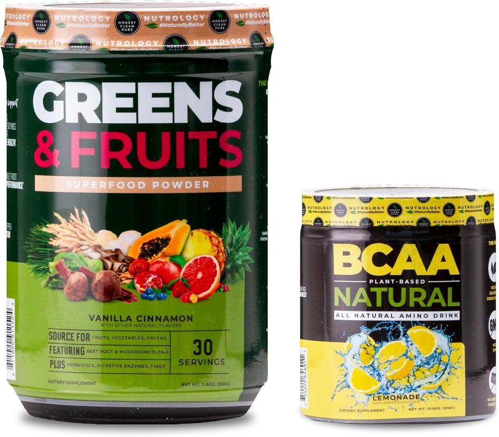 Nutrology Greens & Fruits Toz-Doly Sourced Superfood, Vanilla Cinnamon (30 hizmet) BCAA Natural, Plant Based BCAA Toz, Lemonade Flavor (30 hizmet)